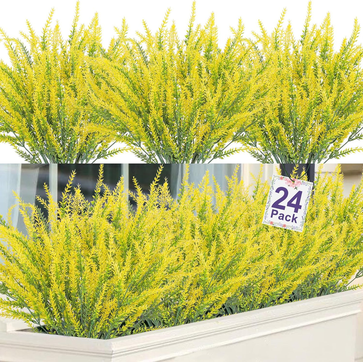 Ouddy Decor 24 Bundles Artificial Lavender Fake Flowers Faux Plastic Plants for Home Wedding Kitchen Garden Patio Window Box Office Table Centerpieces Indoor Outdoor Decor, Gray Purple