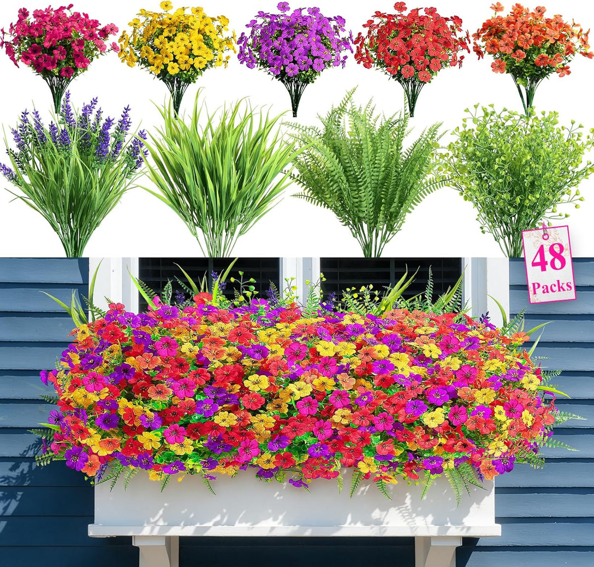 Alupssuc 24 Bundles Artificial Flowers for Outdoors Spring Decoration, UV Resistant Faux Eucalyptus Violet and Lavender Silk Fake Plants for Outside Indoor Yard Home Patio Decor, Red Rose Purple