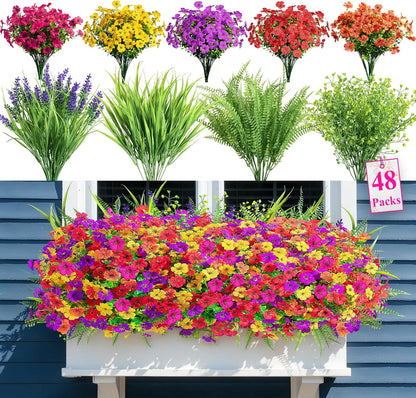 Alupssuc 24 Bundles Artificial Flowers for Outdoors Spring Decoration, UV Resistant Faux Eucalyptus Violet and Lavender Silk Fake Plants for Outside Indoor Yard Home Patio Decor, Red Rose Purple