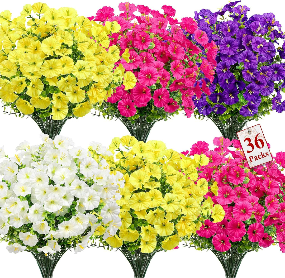 Alupssuc 24 Bundles Artificial Flowers for Outdoors, Faux Spring Flowers for Decoration, UV Resistant Silk Morning Glory with Eucalyptus Realistic Fake Flowers for Yard Planter Porch Garden, 5 Colors