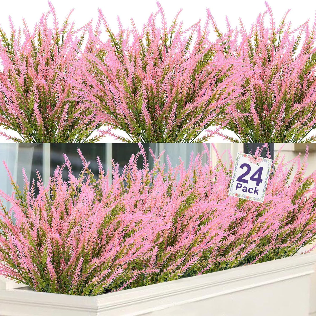 Ouddy Decor 24 Bundles Artificial Lavender Fake Flowers Faux Plastic Plants for Home Wedding Kitchen Garden Patio Window Box Office Table Centerpieces Indoor Outdoor Decor, Gray Purple