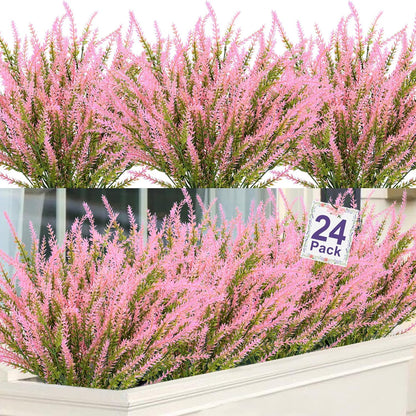Ouddy Decor 24 Bundles Artificial Lavender Fake Flowers Faux Plastic Plants for Home Wedding Kitchen Garden Patio Window Box Office Table Centerpieces Indoor Outdoor Decor, Gray Purple