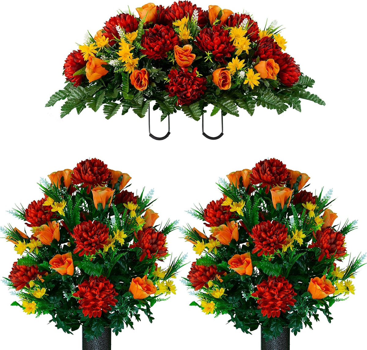 Sympathy Silks Artificial Cemetery Flowers – Realistic Vibrant Roses, Outdoor Grave Decorations - Non-Bleed Colors, and Easy Fit - 1 Purple Mum and Yellow Rose Saddle for Headstone