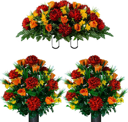 Sympathy Silks Artificial Cemetery Flowers – Realistic Vibrant Roses, Outdoor Grave Decorations - Non-Bleed Colors, and Easy Fit - 1 Purple Mum and Yellow Rose Saddle for Headstone