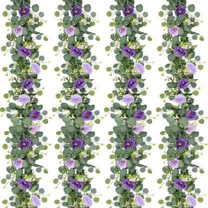 TOCHGREEN 2 Pack 13Ft Artificial Eucalyptus Flower Garland with Pink Roses, Fake Rose Flower Greenery Garland Floral Vines for Wedding Home Party Table Runner Decor (4PCS, Pink)