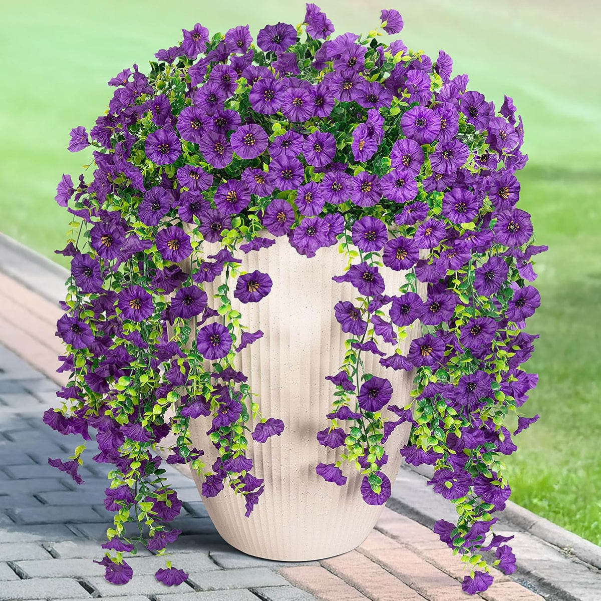 Artificial Hanging Petunia Flowers for Outdoor, 4 Pcs Fake Plants Long Vine Morning Glory Eucalyptus, UV Resistant Realistic Faux Greenery Indoor and Outdoor Patio Porch Garden Spring Summer Decor, Purple