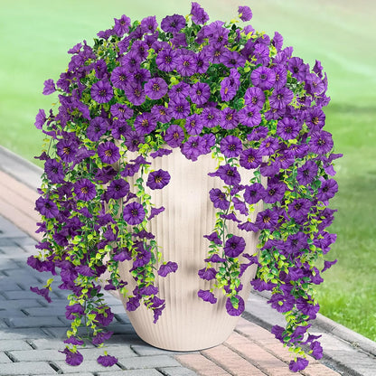 Artificial Hanging Petunia Flowers for Outdoor, 4 Pcs Fake Plants Long Vine Morning Glory Eucalyptus, UV Resistant Realistic Faux Greenery Indoor and Outdoor Patio Porch Garden Spring Summer Decor, Purple