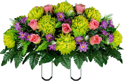 Sympathy Silks Artificial Cemetery Flowers – Realistic Vibrant Roses, Outdoor Grave Decorations - Non-Bleed Colors, and Easy Fit - 1 Purple Mum and Yellow Rose Saddle for Headstone