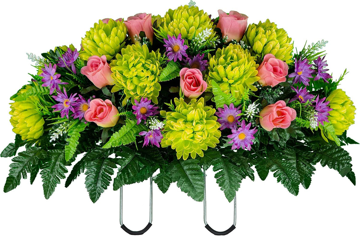 Sympathy Silks Artificial Cemetery Flowers – Realistic Vibrant Roses, Outdoor Grave Decorations - Non-Bleed Colors, and Easy Fit - 1 Purple Mum and Yellow Rose Saddle for Headstone