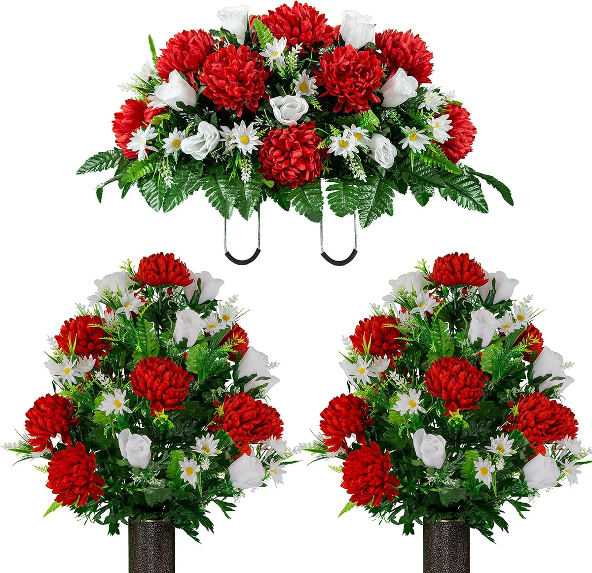 Sympathy Silks Artificial Cemetery Flowers – Realistic Vibrant Roses, Outdoor Grave Decorations - Non-Bleed Colors, and Easy Fit - 1 Purple Mum and Yellow Rose Saddle for Headstone