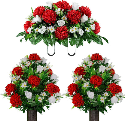 Sympathy Silks Artificial Cemetery Flowers – Realistic Vibrant Roses, Outdoor Grave Decorations - Non-Bleed Colors, and Easy Fit - 1 Purple Mum and Yellow Rose Saddle for Headstone
