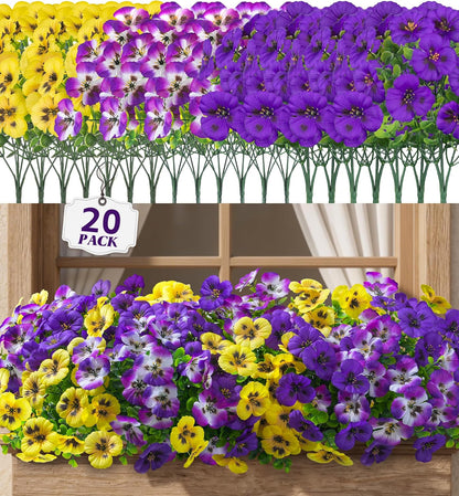 Ivydale 20PCS Fake Artificial Pansy Flowers for Outdoors Spring Decor, Faux Silk Pansies UV Resistant Plants for Front Door Porch Yard Patio Window Box Home Decor (Fuchsia Purple Yellow White)