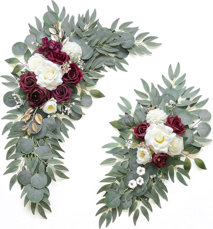 2-Pack Sage Green & White Wedding Flower Swag Set, Large: 35.43"L x 14.56"W, Small: 24.80"L x 12.99"W, Artificial Flowers for Wedding Arch, Ceremony, Table Centerpieces, Wall Hanging