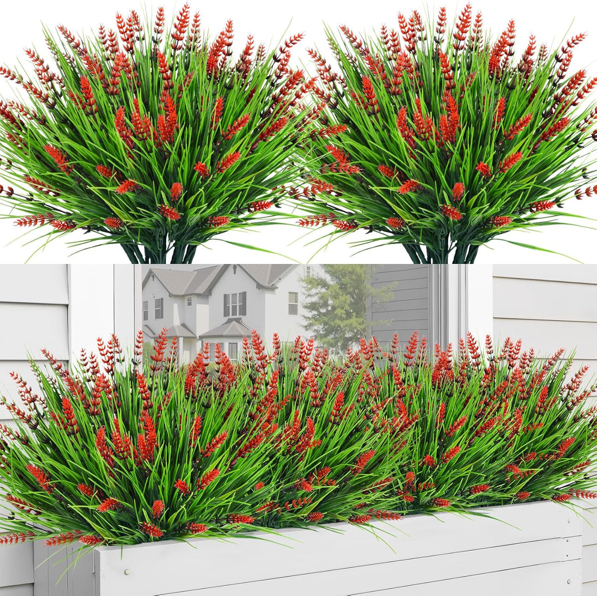 Bassion Artificial Flowers for Outdoors, 24 Bundles Fake Lavender Flowers UV Resistant Plastic Plants Faux Purple Monkey Grass for Home Porch Garden Window Box Indoor Outdoor Decorations