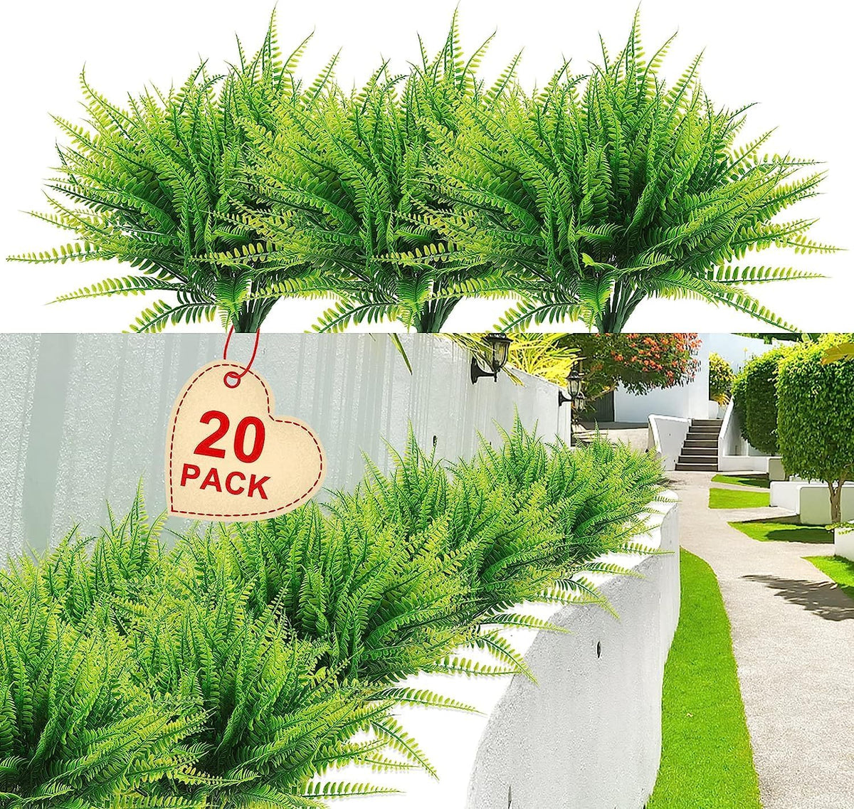 40 Pcs Artificial Boston Fake Fern Plants Bushes Faux Plants Shrubs Greenery UV Resistant for House Office Garden Indoor Outdoor Décor