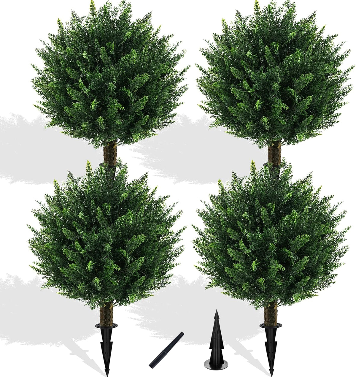Artificial Boxwood Topiary Ball Bush for Outdoor with Spike, Set of 2 UV Resistant Faux Boxwood Ball Tree with Stake, Weatherproof Fake Round Topiary Shrub Plant for Front Porch Planter