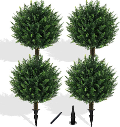 Artificial Boxwood Topiary Ball Bush for Outdoor with Spike, Set of 2 UV Resistant Faux Boxwood Ball Tree with Stake, Weatherproof Fake Round Topiary Shrub Plant for Front Porch Planter