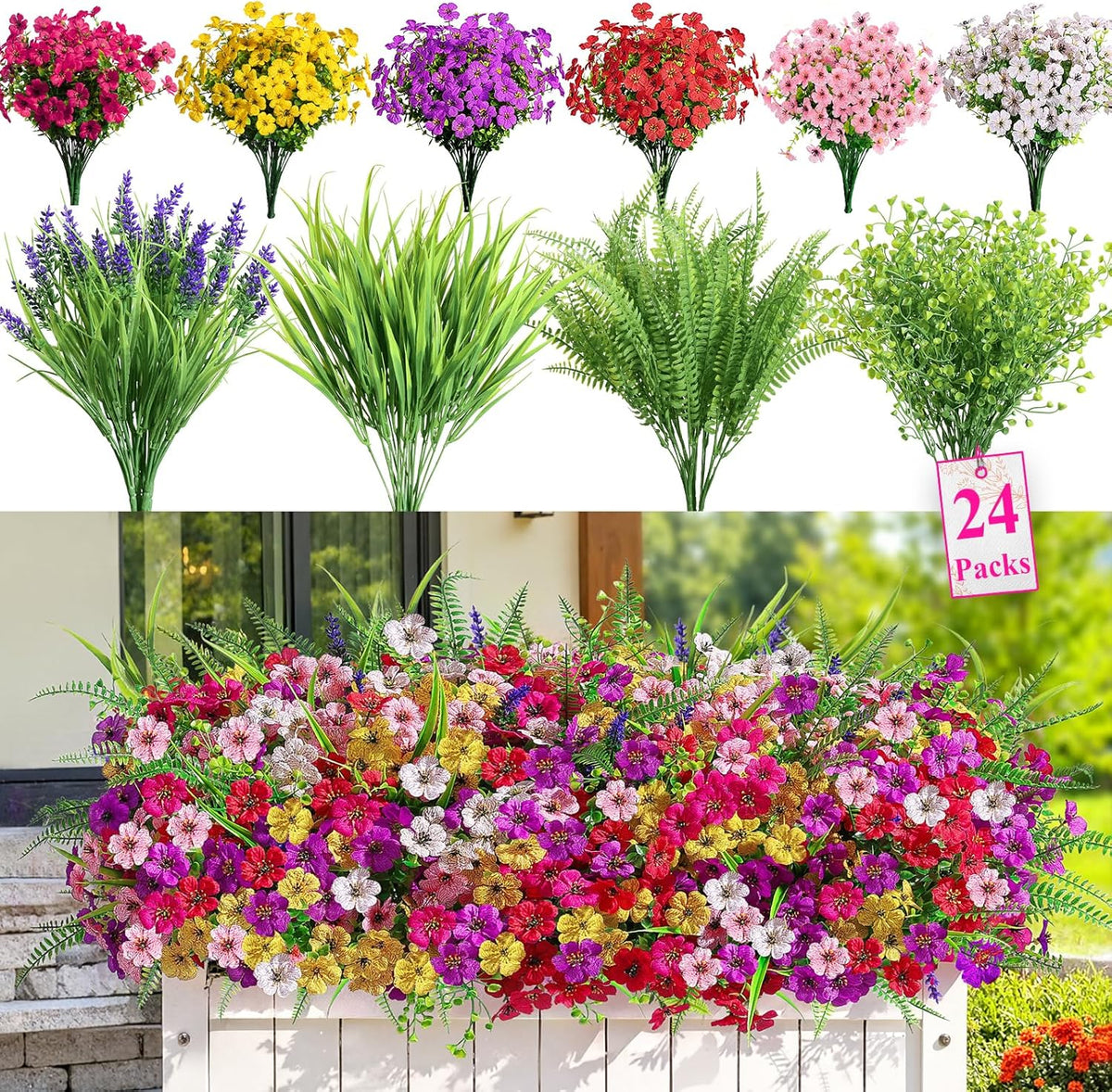 Alupssuc 24 Bundles Artificial Flowers for Outdoors Spring Decoration, UV Resistant Faux Eucalyptus Violet and Lavender Silk Fake Plants for Outside Indoor Yard Home Patio Decor, Red Rose Purple