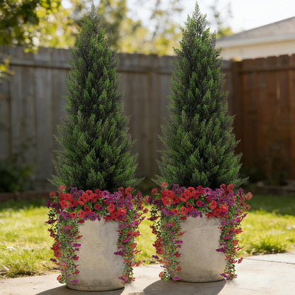 Artificial Topiary Cedar Trees 3FT Tall 2 Set with 12 Bundles Faux Silk Flowers, Outdoor Indoor Faux Pine Shrubs Plants, Fake Bushes Plants for Home Front Porch Door Patio