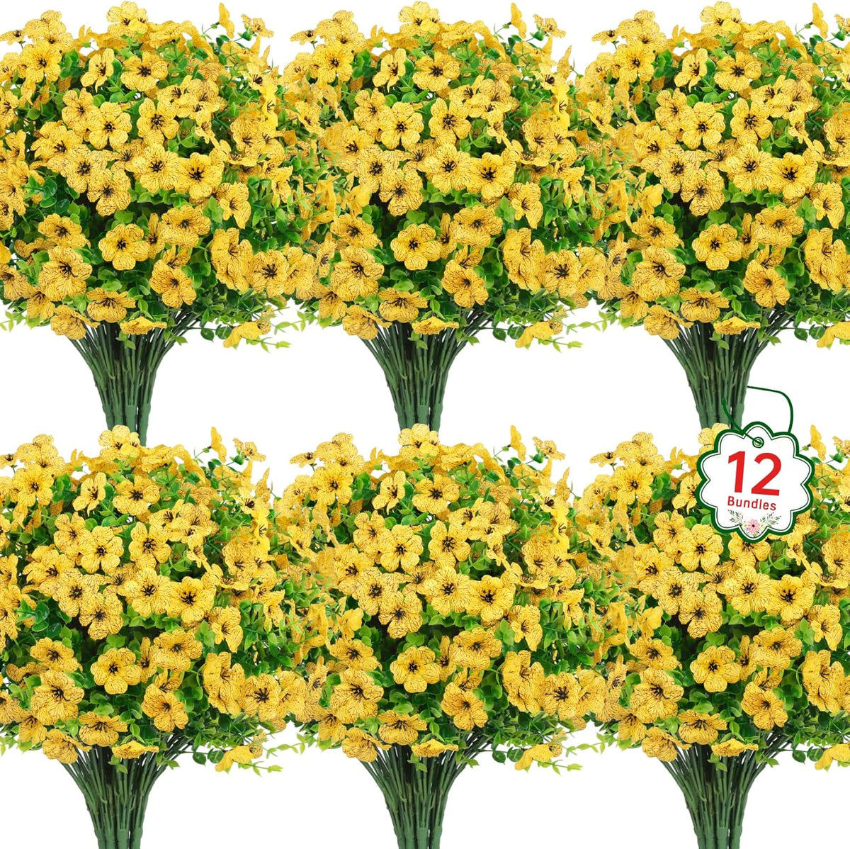 Ouddy Decor 24 Bundles Artificial Flowers for Outdoors Fake Silk Flowers UV Resistant Faux Plastic Plants for Spring Summer Garden Porch Window Box Table Vase Home Indoor Outdoor Decoration, Yellow