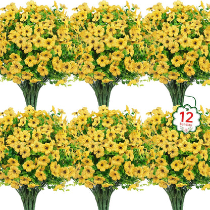 Ouddy Decor 24 Bundles Artificial Flowers for Outdoors Fake Silk Flowers UV Resistant Faux Plastic Plants for Spring Summer Garden Porch Window Box Table Vase Home Indoor Outdoor Decoration, Yellow