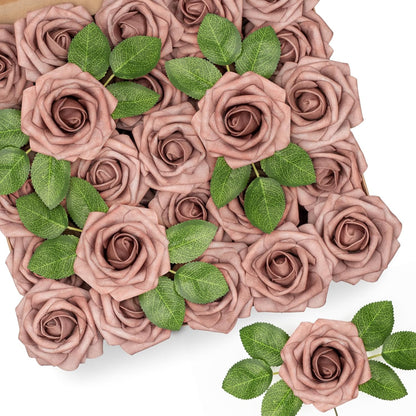 Mocoosy 50Pcs Rose Artificial Flowers, Lavender Fake Roses for Decorations, Purple Foam Fake Flowers with Stem for DIY Wedding Bouquet Bridal Shower Mother's Day Floral Arrangement Party Home Decor