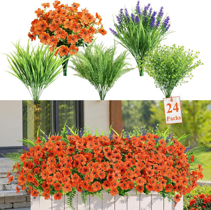 Alupssuc 24 Bundles Artificial Flowers for Outdoors Spring Decoration, UV Resistant Faux Eucalyptus Violet and Lavender Silk Fake Plants for Outside Indoor Yard Home Patio Decor, Red Rose Purple
