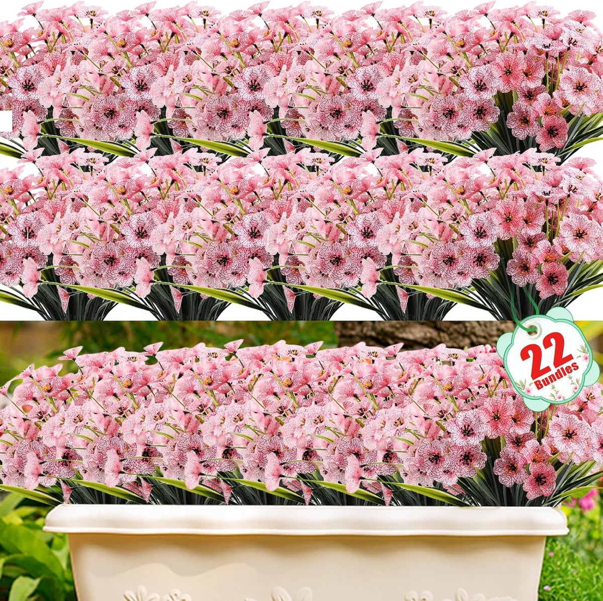 22 Bundles Artificial Flowers Outdoor, Faux Flowers UV Resistant with Plastic Plants, Faux Silk Flowers for Outdoors Outside Front Porch Hanging Planter Window Box Garden Decoration