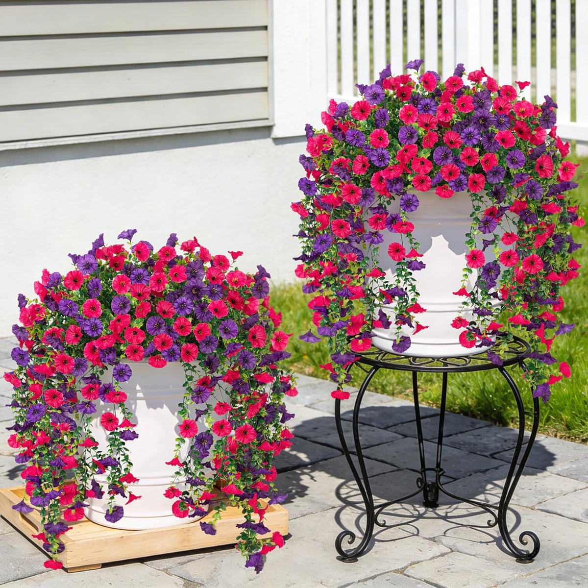 Artificial Hanging Petunia Flowers for Outdoor, 4 Pcs Fake Plants Long Vine Morning Glory Eucalyptus, UV Resistant Realistic Faux Greenery Indoor and Outdoor Patio Porch Garden Spring Summer Decor, Purple