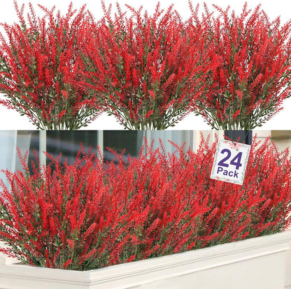 Ouddy Decor 24 Bundles Artificial Lavender Fake Flowers Faux Plastic Plants for Home Wedding Kitchen Garden Patio Window Box Office Table Centerpieces Indoor Outdoor Decor, Gray Purple