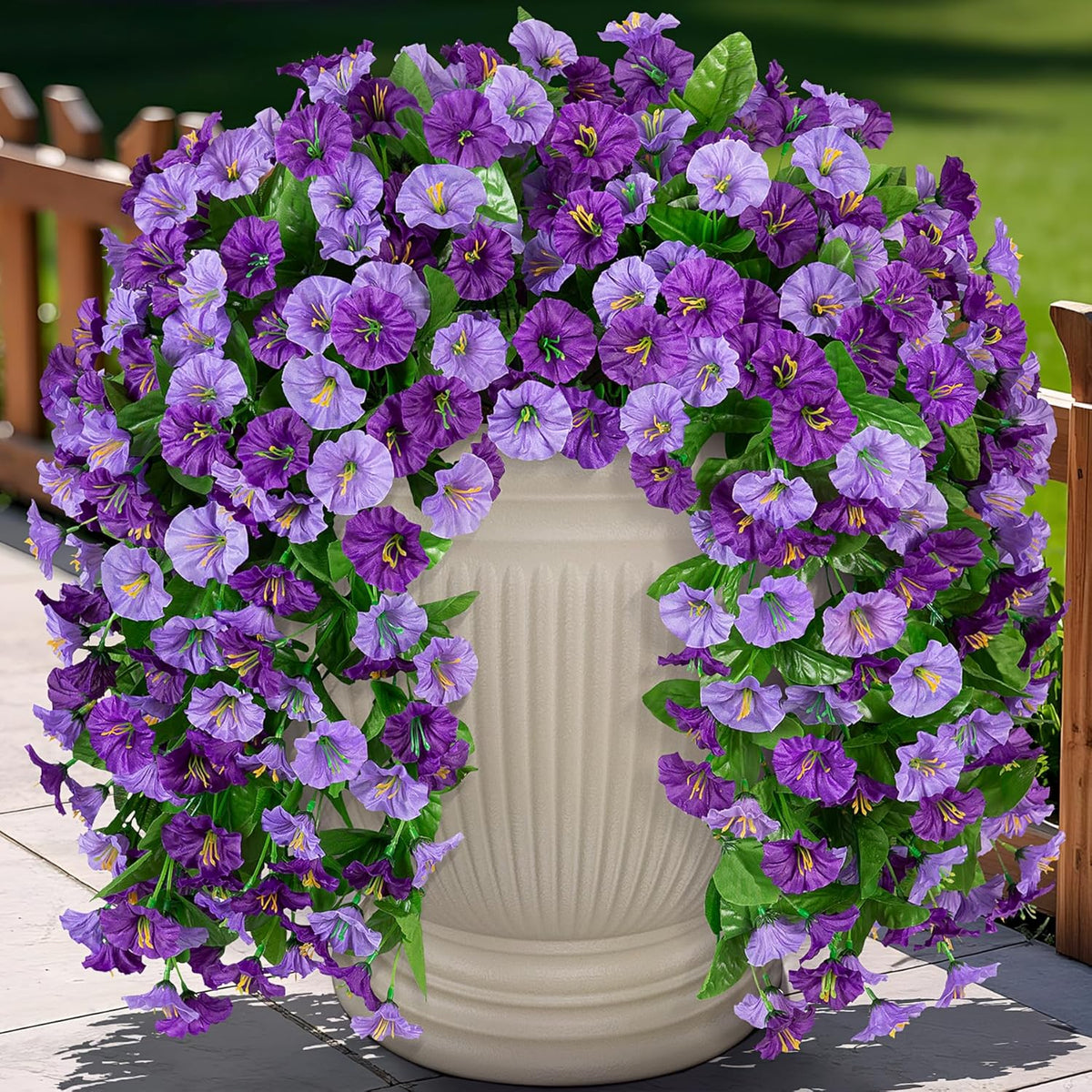 Artificial Fake Hanging Flowers Plants for Outdoor Decoration, 2PCS Faux Silk Morning Glory Long Vines Stems UV Resistant Look Real for Spring Summer Outside Home Porch Patio(Violet Red Purple)