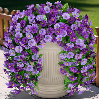 Artificial Fake Hanging Flowers Plants for Outdoor Decoration, 2PCS Faux Silk Morning Glory Long Vines Stems UV Resistant Look Real for Spring Summer Outside Home Porch Patio(Violet Red Purple)