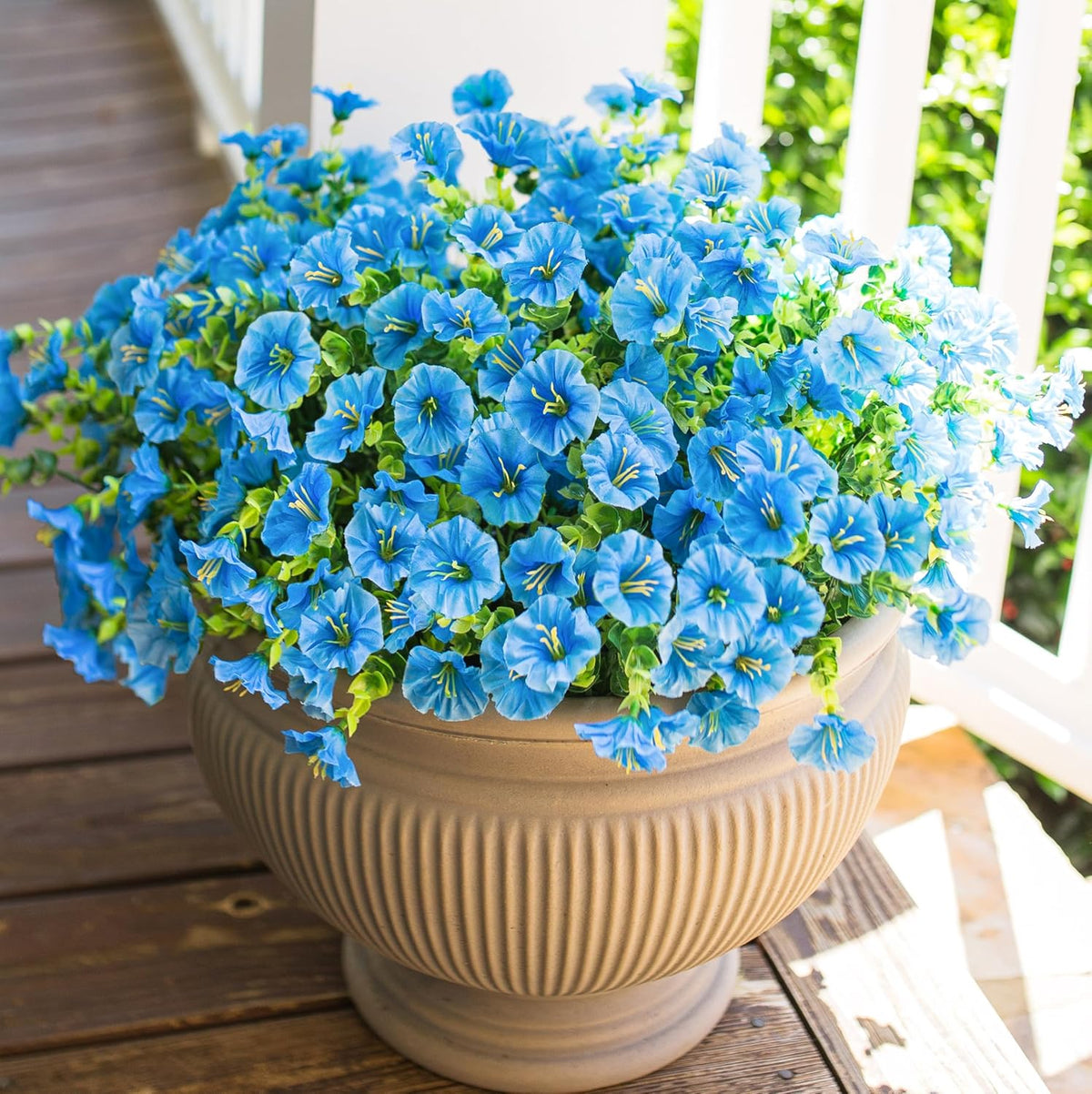 Artificial Flowers for Outdoors Fake Plants Spring Summer Decor, 12 Bundles Orange Silk Morning Glory with Eucalyptus Look Real UV Resistant Faux Flowers for Outside Planters Front Door Yard Indoor