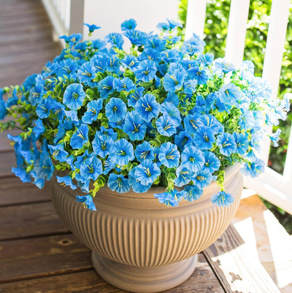 Artificial Flowers for Outdoors Fake Plants Spring Summer Decor, 12 Bundles Orange Silk Morning Glory with Eucalyptus Look Real UV Resistant Faux Flowers for Outside Planters Front Door Yard Indoor