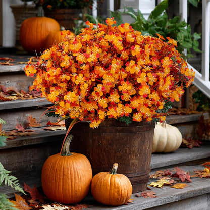 Artificial Fall Flowers Outdoor Fake Mums - 12 Bundles Fake Plants UV Resistant No Fade Faux Plastic Greenery Garden Porch Patio Fall Home Decor(OrangeGreen)