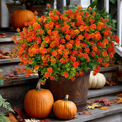 Artificial Fall Flowers Outdoor Fake Mums - 12 Bundles Fake Plants UV Resistant No Fade Faux Plastic Greenery Garden Porch Patio Fall Home Decor(OrangeGreen)