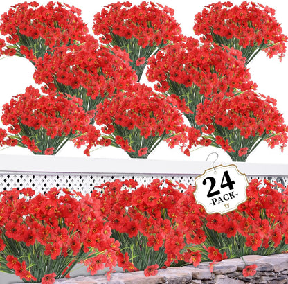 24 Bundles Artificial Flowers for Outdoors/Indoors, Fake Flowers Plants for Indoor and Outdoor Garden Porch Window Box Home Wedding Farmhouse (8 Color)