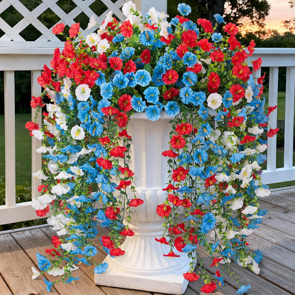 Artificial Hanging Petunia Flowers for Outdoor, 8 Pcs Fake Plants Long Vine Morning Glory Eucalyptus, UV Resistant Realistic Faux Greenery Outdoor Patio, Porch, and Garden Spring Summer Decor, Mix Color