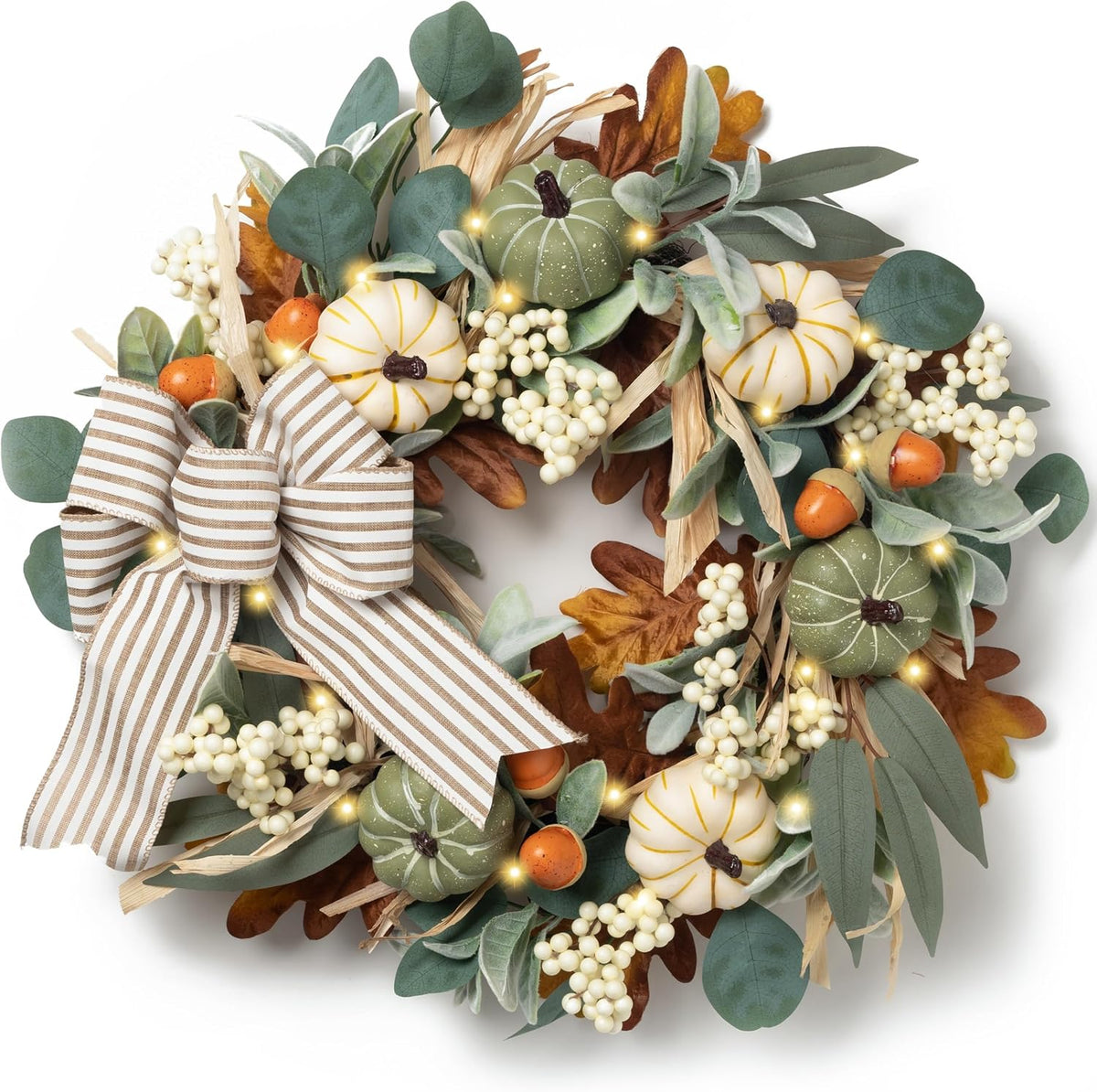 20'' Fall Wreath for Front Door with 20 LED Lights, Pumpkins and Burlap Bow