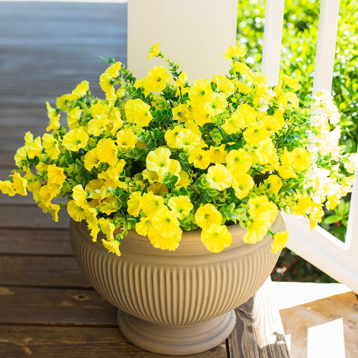 Artificial Flowers for Outdoors Fake Plants Spring Summer Decor, 12 Bundles Orange Silk Morning Glory with Eucalyptus Look Real UV Resistant Faux Flowers for Outside Planters Front Door Yard Indoor