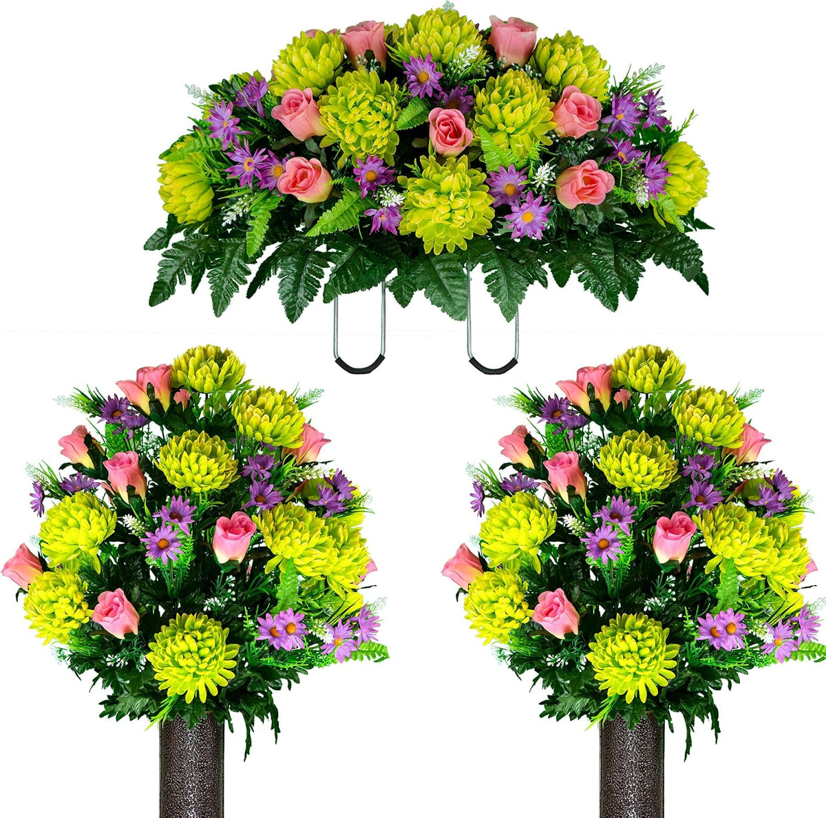 Sympathy Silks Artificial Cemetery Flowers – Realistic Vibrant Roses, Outdoor Grave Decorations - Non-Bleed Colors, and Easy Fit - 1 Purple Mum and Yellow Rose Saddle for Headstone