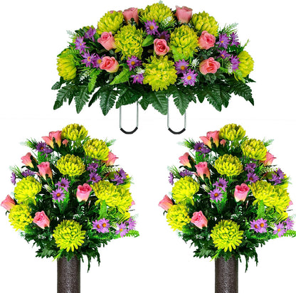 Sympathy Silks Artificial Cemetery Flowers – Realistic Vibrant Roses, Outdoor Grave Decorations - Non-Bleed Colors, and Easy Fit - 1 Purple Mum and Yellow Rose Saddle for Headstone