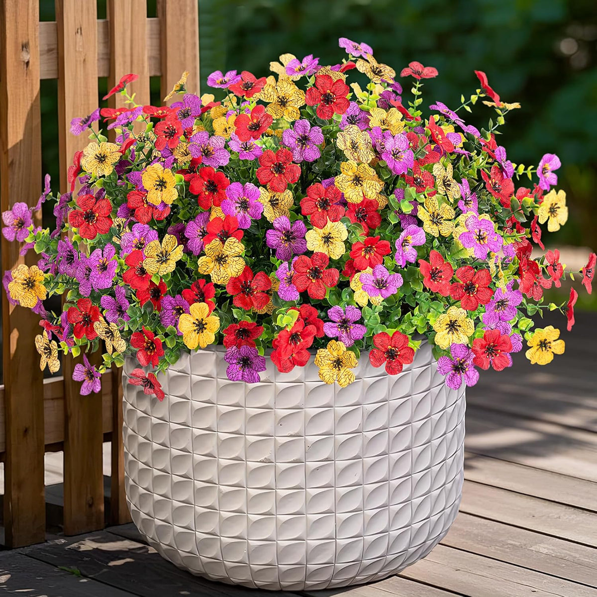 Ammyoo Artificial Fake Plants Flowers for Outdoor Spring Decor, 12 Bundles Faux Silk Mums for Planter Pot Colorful UV Resistant Look Real for Front Door Porch Patio Outside Yard(Purple Pink)