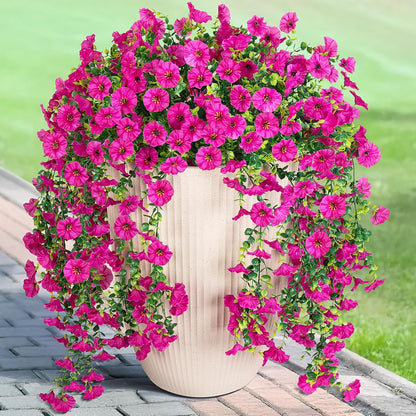 Artificial Hanging Petunia Flowers for Outdoor, 8 Pcs Fake Plants Long Vine Morning Glory Eucalyptus, UV Resistant Realistic Faux Greenery Outdoor Patio, Porch, and Garden Spring Summer Decor, Mix Color