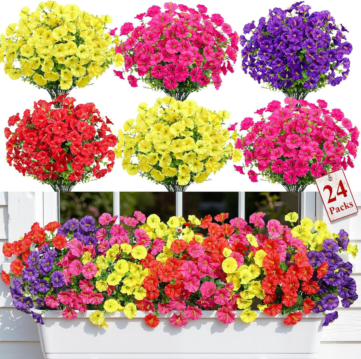 Alupssuc 24 Bundles Artificial Flowers for Outdoors, Faux Spring Flowers for Decoration, UV Resistant Silk Morning Glory with Eucalyptus Realistic Fake Flowers for Yard Planter Porch Garden, 5 Colors