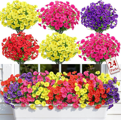 Alupssuc 24 Bundles Artificial Flowers for Outdoors, Faux Spring Flowers for Decoration, UV Resistant Silk Morning Glory with Eucalyptus Realistic Fake Flowers for Yard Planter Porch Garden, 5 Colors