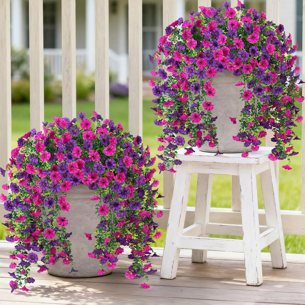 Artificial Hanging Petunia Flowers for Outdoor, 4 Pcs Fake Plants Long Vine Morning Glory Eucalyptus, UV Resistant Realistic Faux Greenery Indoor and Outdoor Patio Porch Garden Spring Summer Decor, Purple