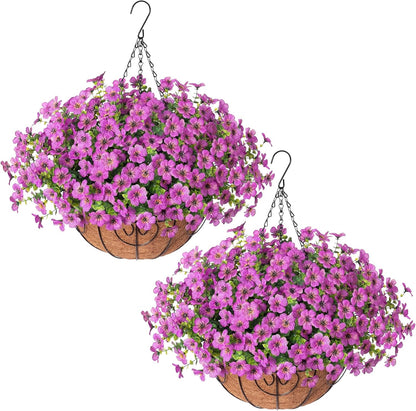 HyeFlora 2 Set Artificial Outdoor Flowers Hanging Basket, Faux Hanging Plants for Outside Spring Decoration, Fake Silk UV Resistant Look Real Daisy for Porch Patio Home Decor