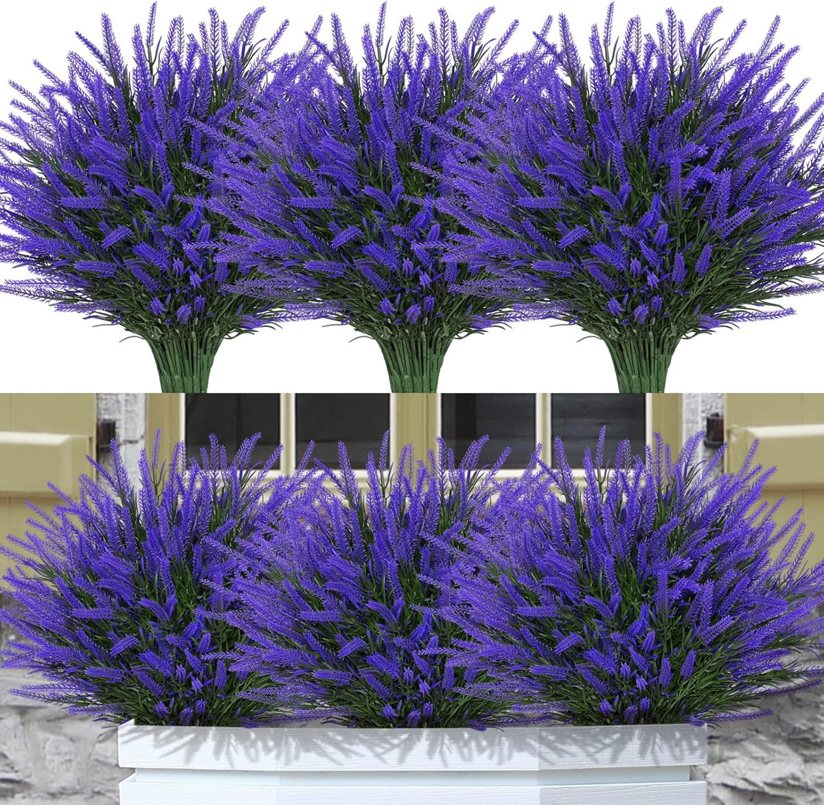 12 Bundles Fake Outdoor Flowers UV Resistant Plants Artificial Lavender Faux Plastic Shrubs Window Box Garden Porch Home Decor(Purple)