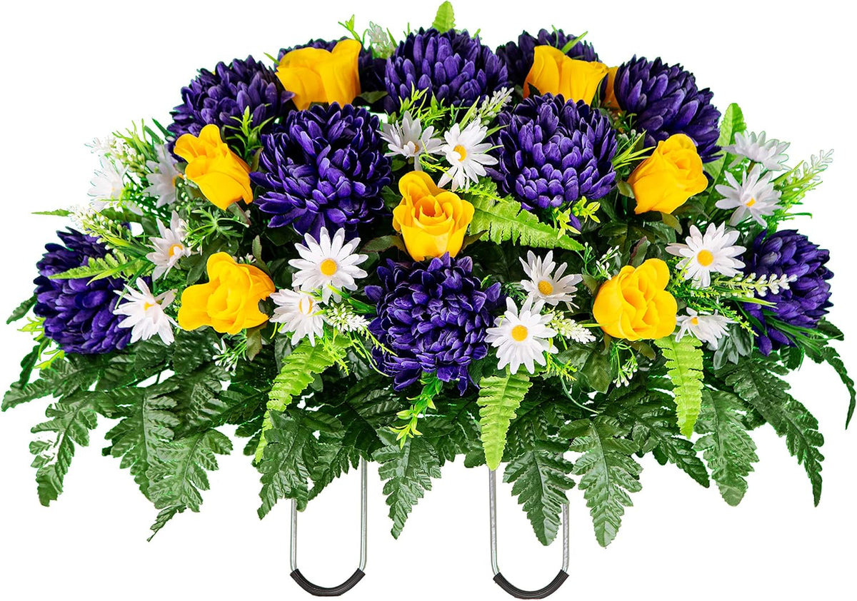 Sympathy Silks Artificial Cemetery Flowers – Realistic Vibrant Roses, Outdoor Grave Decorations - Non-Bleed Colors, and Easy Fit - 1 Purple Mum and Yellow Rose Saddle for Headstone